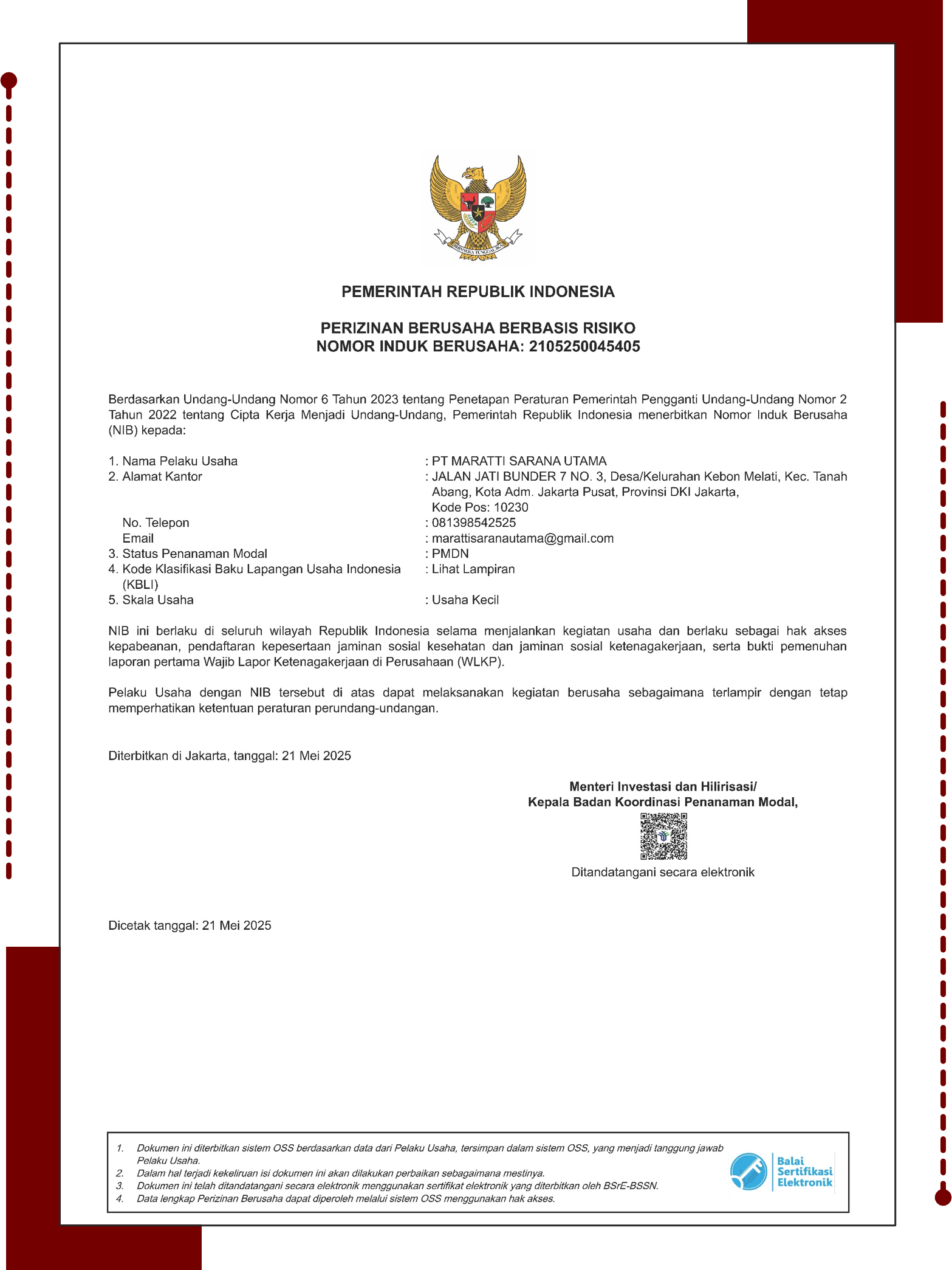 NIB - Nomor Induk Berusaha PT Maratti Sarana Utama